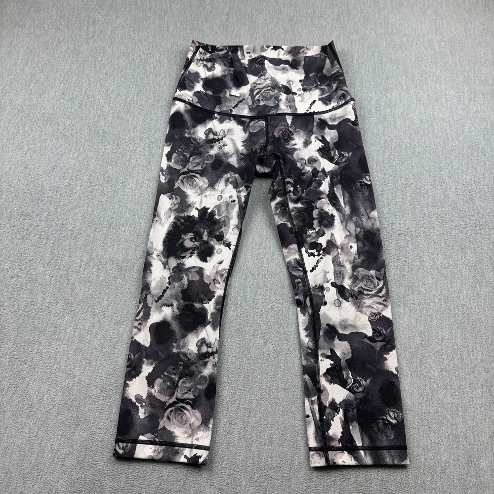 Lululemon Leggings Women 8 Black Floral Wunder Under Crop 22" Mid Rise Yoga Gym